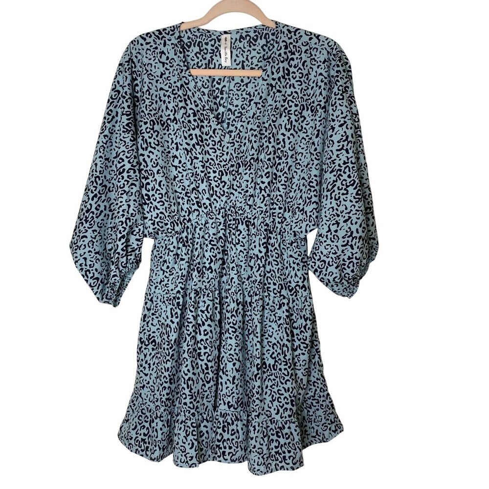 Boutique Size S Leopard Print V-Neck Mini Dress Balloon Sleeves Made In USA